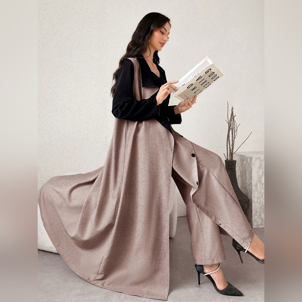 2pcs Women's Color Block Long Sleeve Loose Long Jacket And Casual - Picture 4 of 8